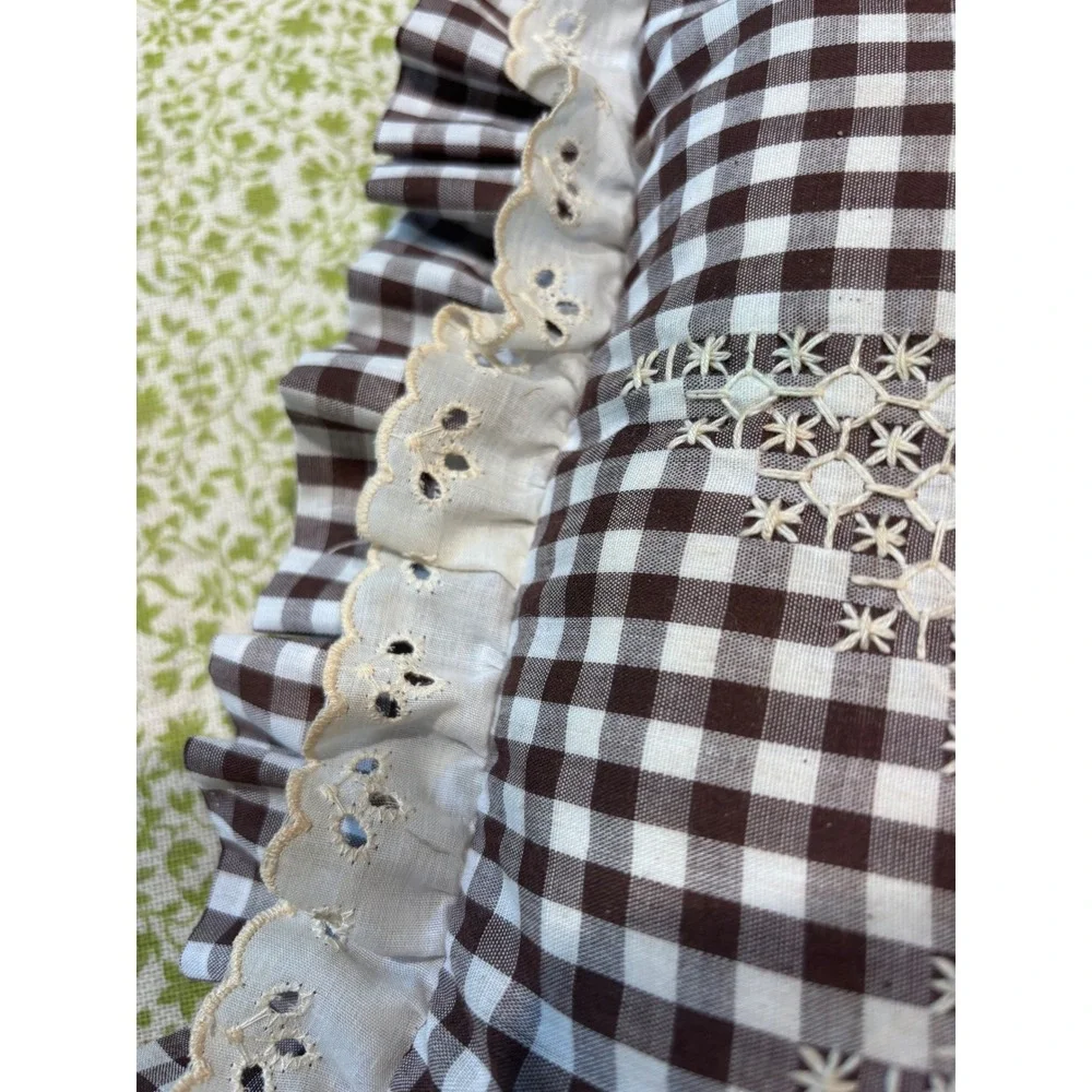 Brown Gingham Check Ruffled Throw Pillow Eyelet Lace Embroidered Star Farmhouse